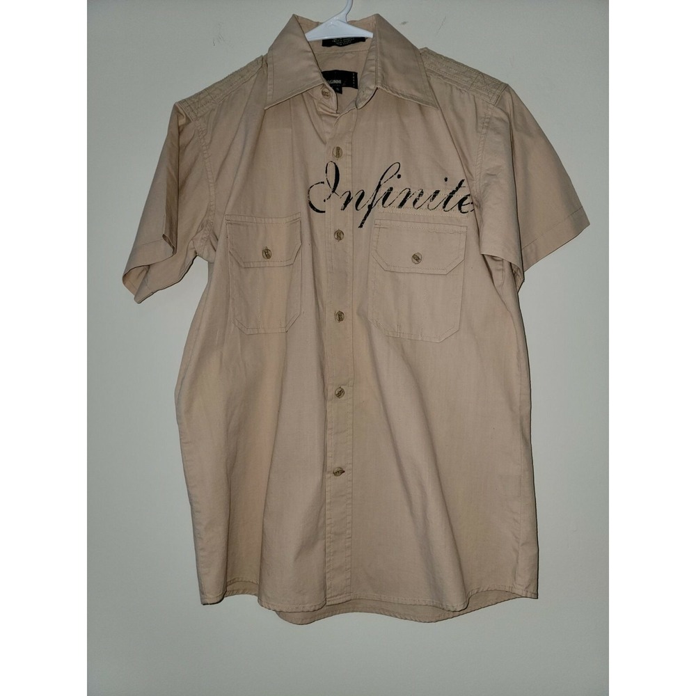 Giorginni Mens Short Sleeve Button Up Shirt Khaki "Infinite" Embroidered‎ Size S